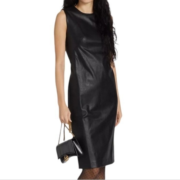 Spanx Luxe Black Faux Leather Dress Sleeveless Sheath S Bodycon Goth Party Biker - Picture 13 of 16
